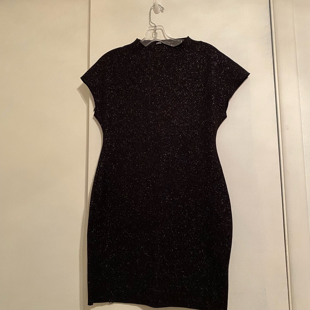 Zara Black Metallic Sparkle Short Sleeve Women’s Mini Dress w/High Neck, Size L